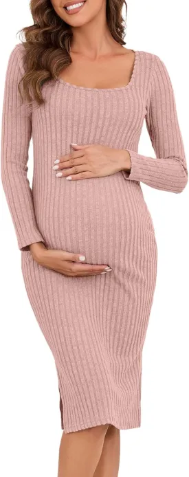 Long Sleeve Maternity Sweater Dress,Knit Ribbed Maternity Bodycon Dress for Photoshoot/Baby Shower
