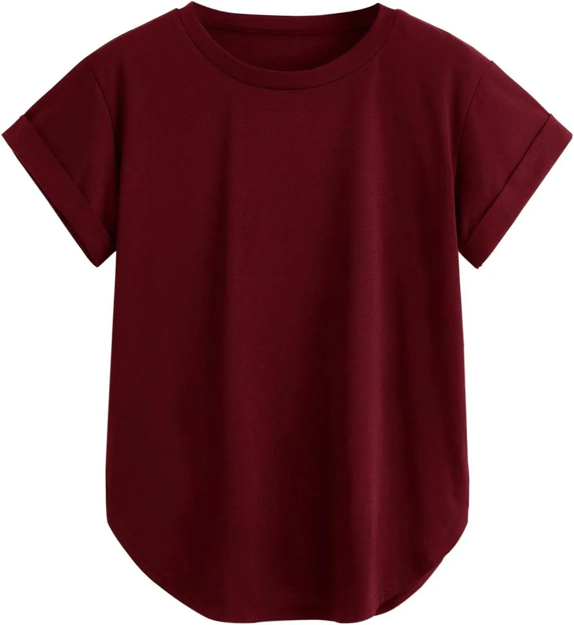 Milumia Women's Basic T Shirt Round Neck Short Sleeve Rolled Cuff Curved Hem Casual Tunic Tops