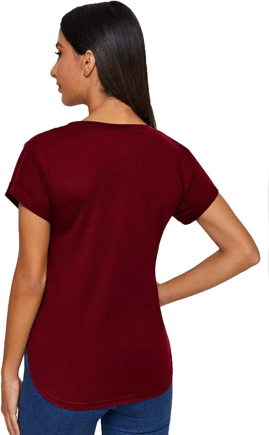 Milumia Women's Basic T Shirt Round Neck Short Sleeve Rolled Cuff Curved Hem Casual Tunic Tops