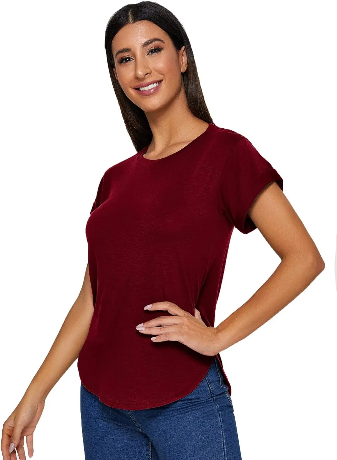 Milumia Women's Basic T Shirt Round Neck Short Sleeve Rolled Cuff Curved Hem Casual Tunic Tops