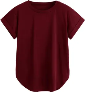 Milumia Women's Basic T Shirt Round Neck Short Sleeve Rolled Cuff Curved Hem Casual Tunic Tops