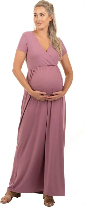 Mother Bee Maternity Short Sleeve Ruched Waist Faux Wrap Maxi Dress