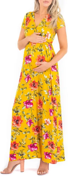 Mother Bee Maternity Short Sleeve Ruched Waist Faux Wrap Maxi Dress