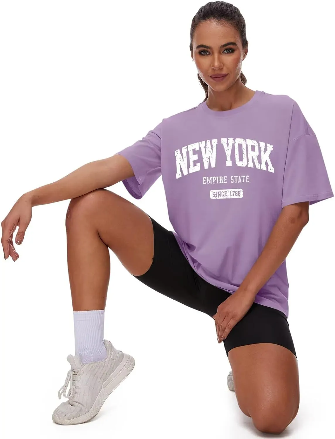 ORANDESIGNE Women Oversized Letter Print T Shirts Crewneck Graphic Short Sleeve Tees