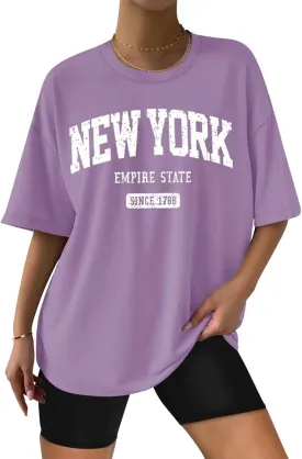 ORANDESIGNE Women Oversized Letter Print T Shirts Crewneck Graphic Short Sleeve Tees