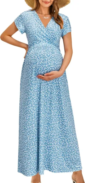 OUGES Maternity Maxi Dress Wrap V Neck Baby Shower Pregnancy Dresses for Photoshoot
