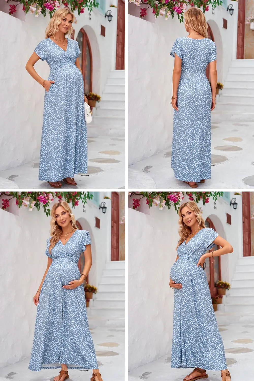 OUGES Maternity Maxi Dress Wrap V Neck Baby Shower Pregnancy Dresses for Photoshoot