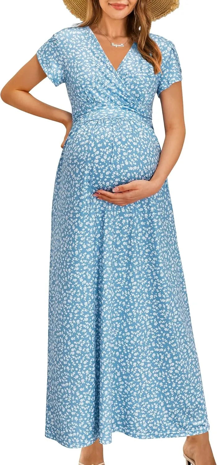 OUGES Maternity Maxi Dress Wrap V Neck Baby Shower Pregnancy Dresses for Photoshoot