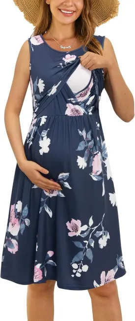 OUGES Womens Solid/Floral Maternity Dresses Sleeveless/Long Sleeve Nursing Gown Breastfeeding Clothes