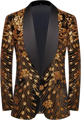 Pyiujtr Men's Sequins Velvet Shawl Lapels Stage Party Prom Wedding Dinner Suit Jacket Blazer