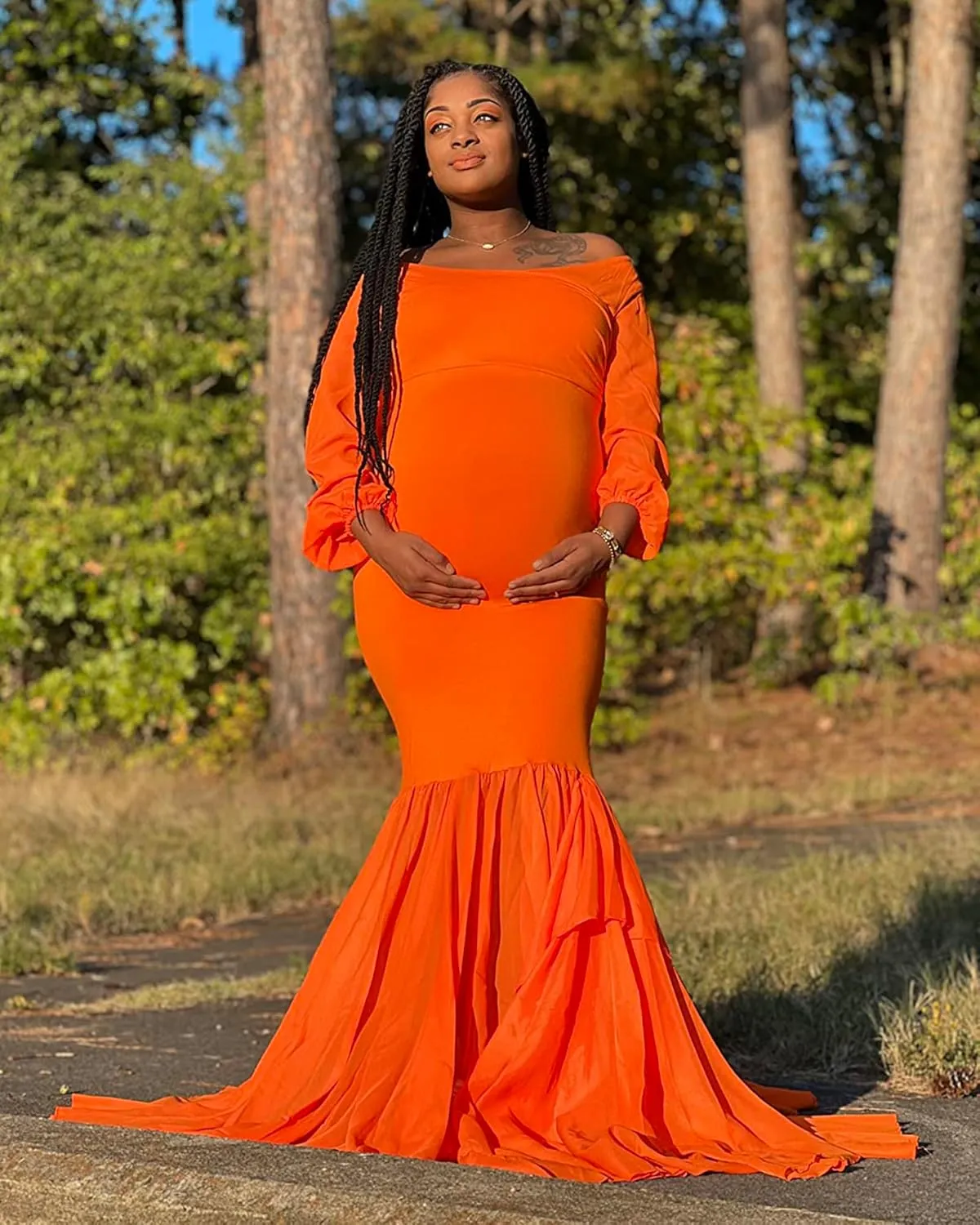 Saslax Long Chiffon Sleeve Tired Mermaid Maternity Dress for Photoshoot Photography Baby Shower