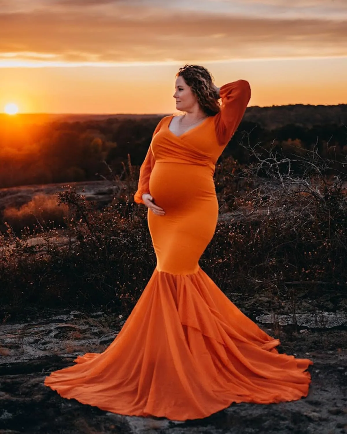 Saslax Long Chiffon Sleeve Tired Mermaid Maternity Dress for Photoshoot Photography Baby Shower