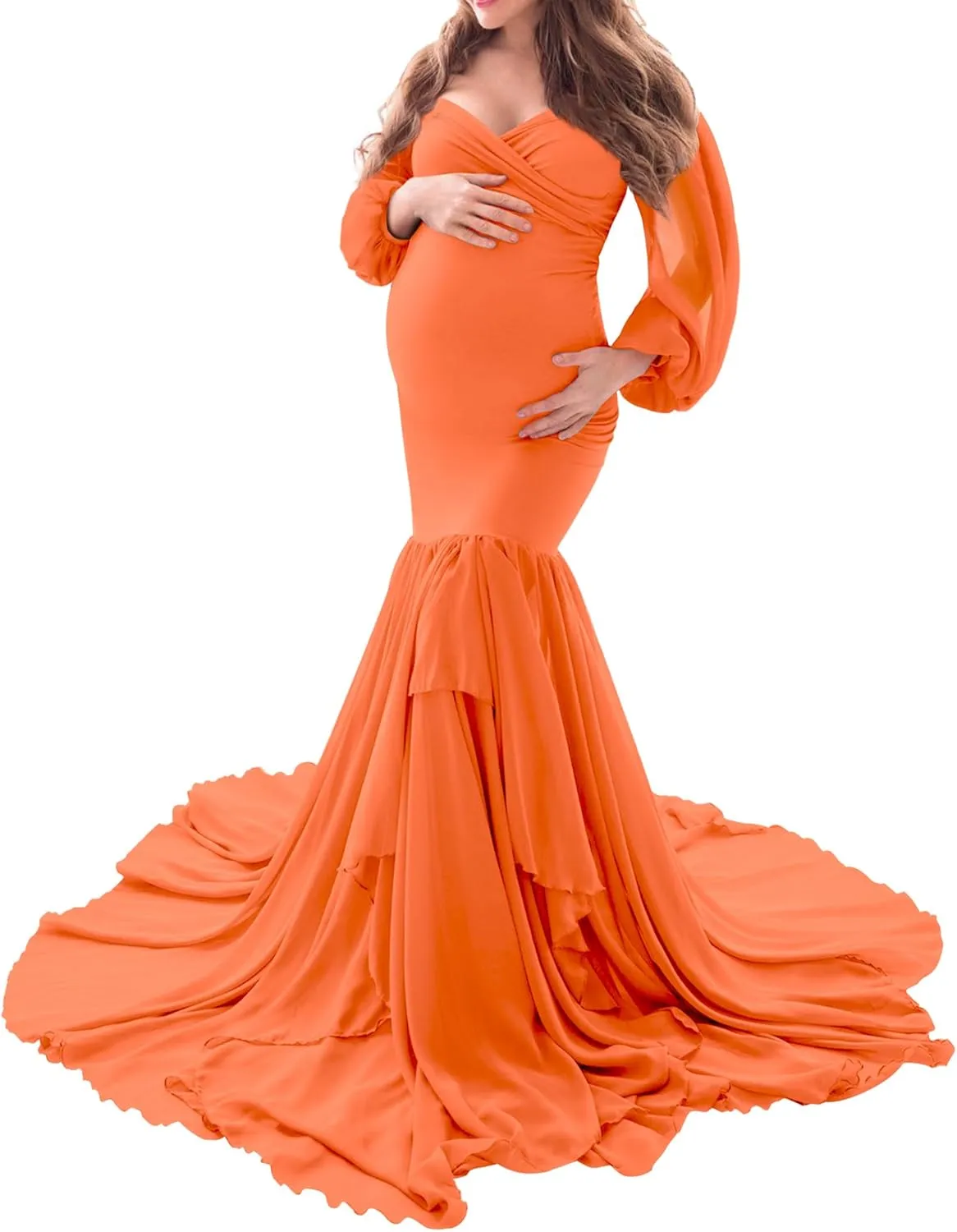 Saslax Long Chiffon Sleeve Tired Mermaid Maternity Dress for Photoshoot Photography Baby Shower