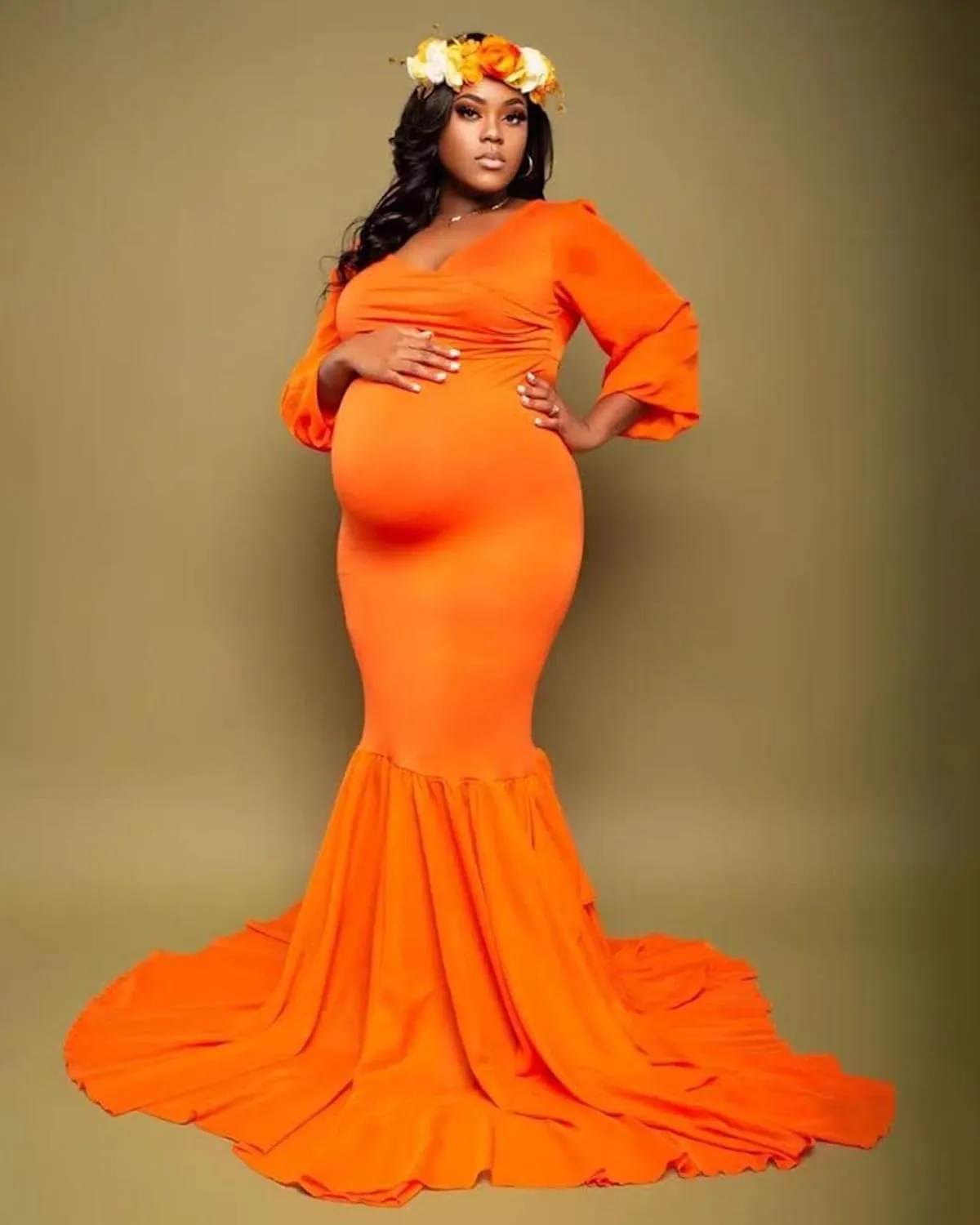 Saslax Long Chiffon Sleeve Tired Mermaid Maternity Dress for Photoshoot Photography Baby Shower