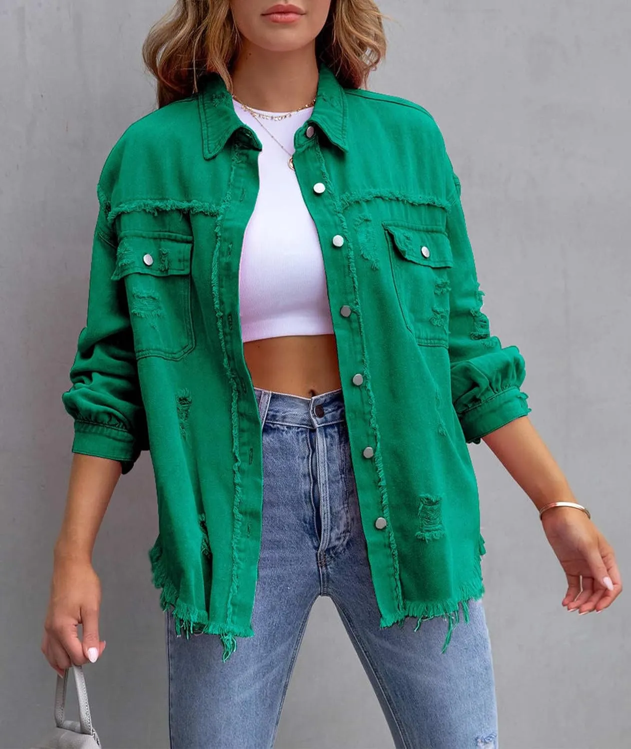SEMATOMALA Women's Frayed Hem Ripped Denim Shirt Jacket Button Front Boyfriend Jean Coat Oversized Distressed Fall Shacket