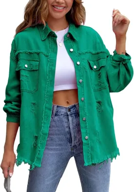 SEMATOMALA Women's Frayed Hem Ripped Denim Shirt Jacket Button Front Boyfriend Jean Coat Oversized Distressed Fall Shacket