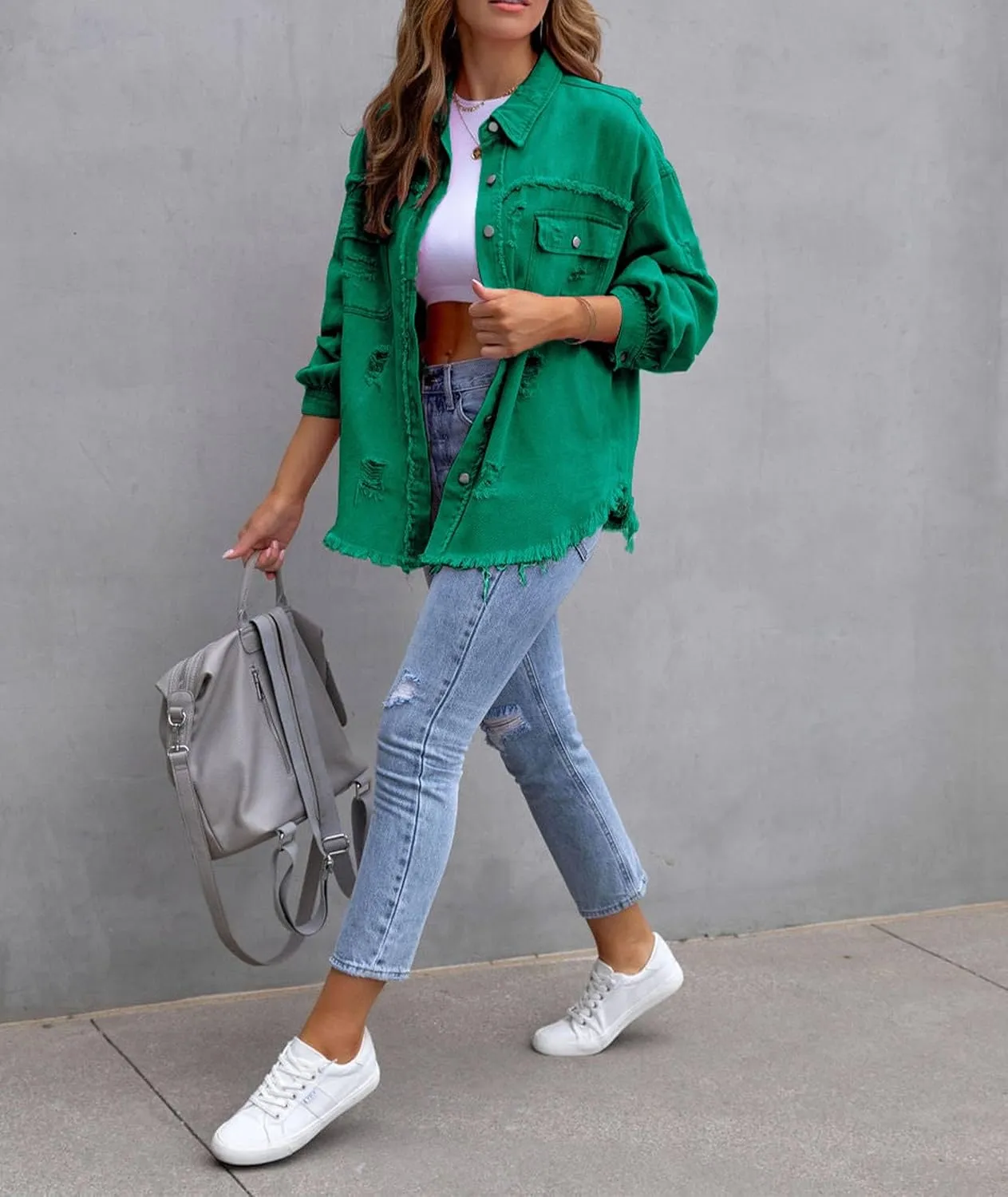 SEMATOMALA Women's Frayed Hem Ripped Denim Shirt Jacket Button Front Boyfriend Jean Coat Oversized Distressed Fall Shacket