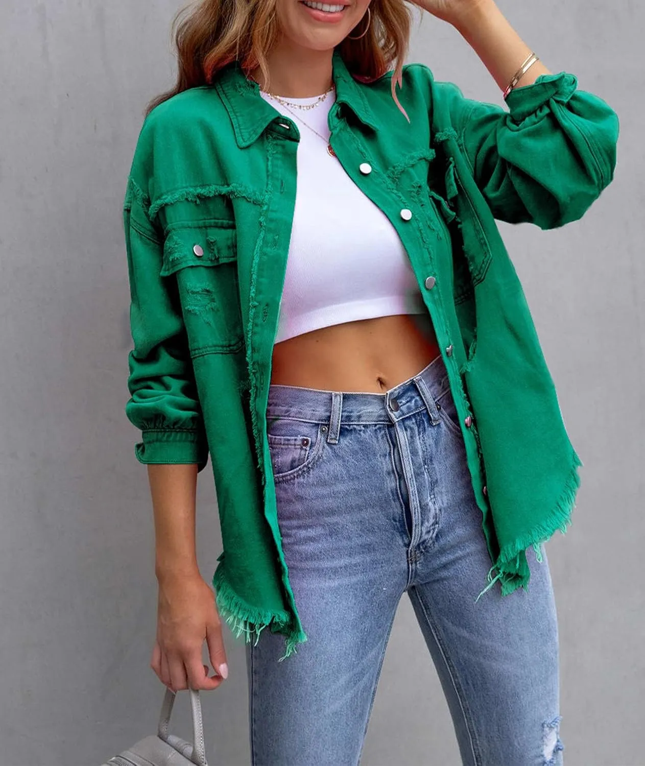SEMATOMALA Women's Frayed Hem Ripped Denim Shirt Jacket Button Front Boyfriend Jean Coat Oversized Distressed Fall Shacket