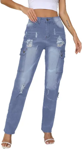 SheKiss Boyfriend Stretchy Jeans for Women - Distressed Frayed High Waisted Trendy Denim Blue Jeans