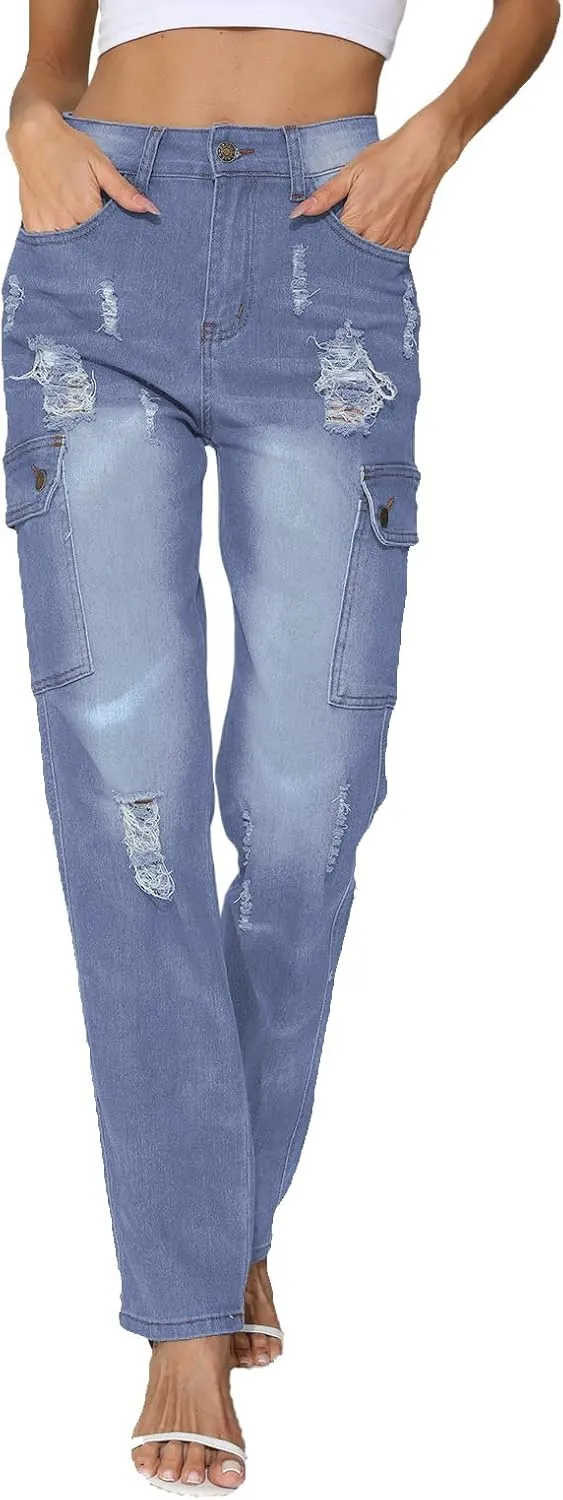 SheKiss Boyfriend Stretchy Jeans for Women - Distressed Frayed High Waisted Trendy Denim Blue Jeans
