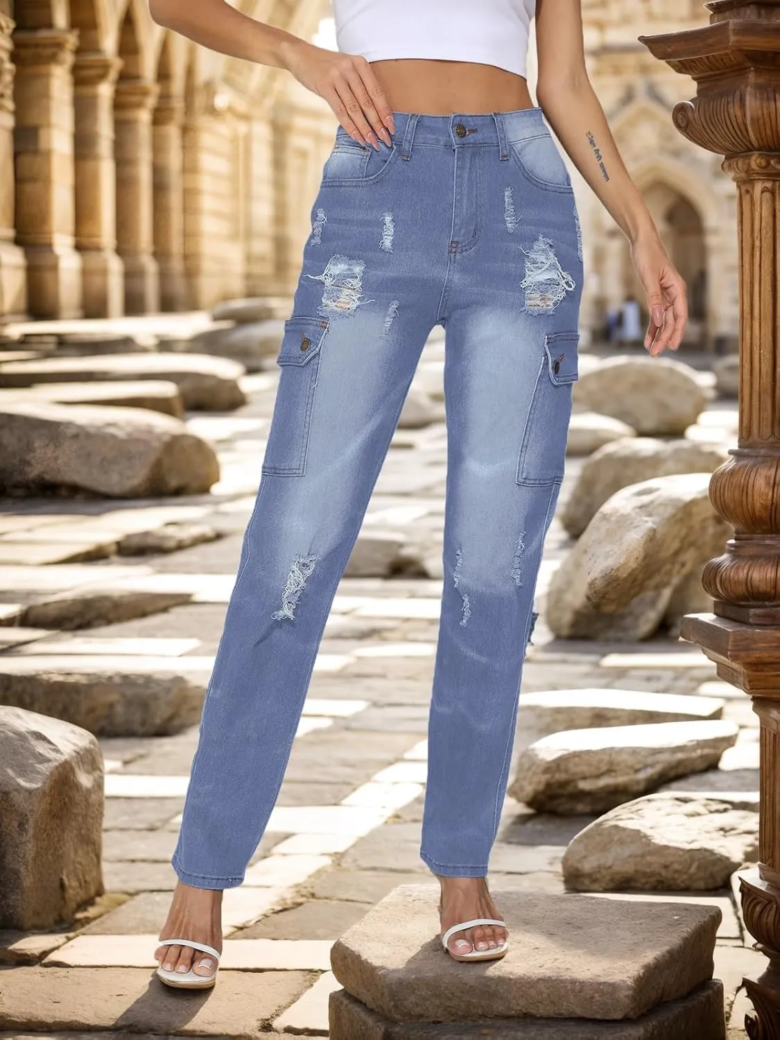 SheKiss Boyfriend Stretchy Jeans for Women - Distressed Frayed High Waisted Trendy Denim Blue Jeans