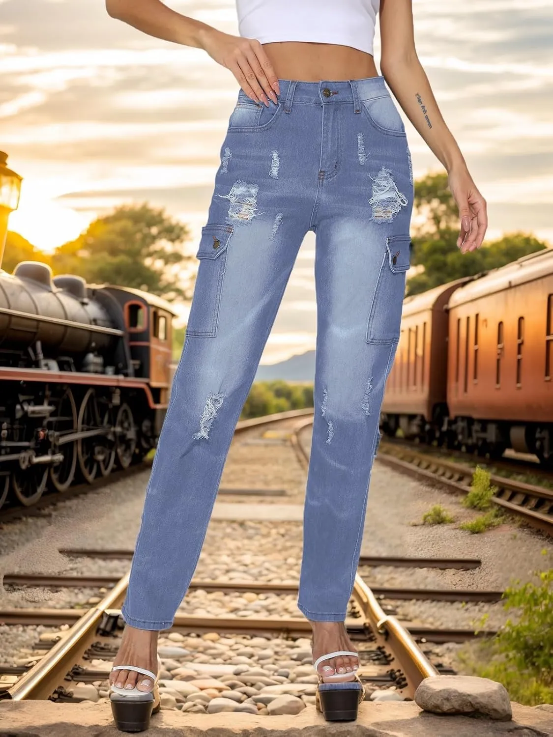 SheKiss Boyfriend Stretchy Jeans for Women - Distressed Frayed High Waisted Trendy Denim Blue Jeans