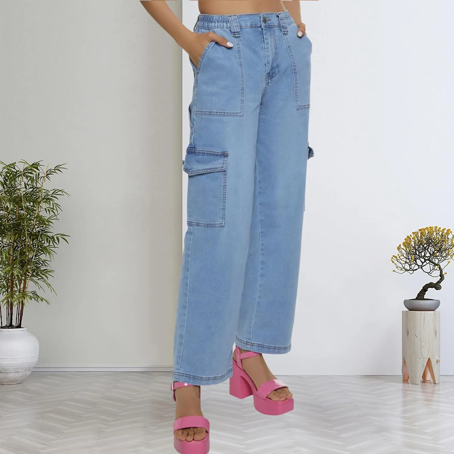 SheKiss Boyfriend Stretchy Jeans for Women - Distressed Frayed High Waisted Trendy Denim Blue Jeans