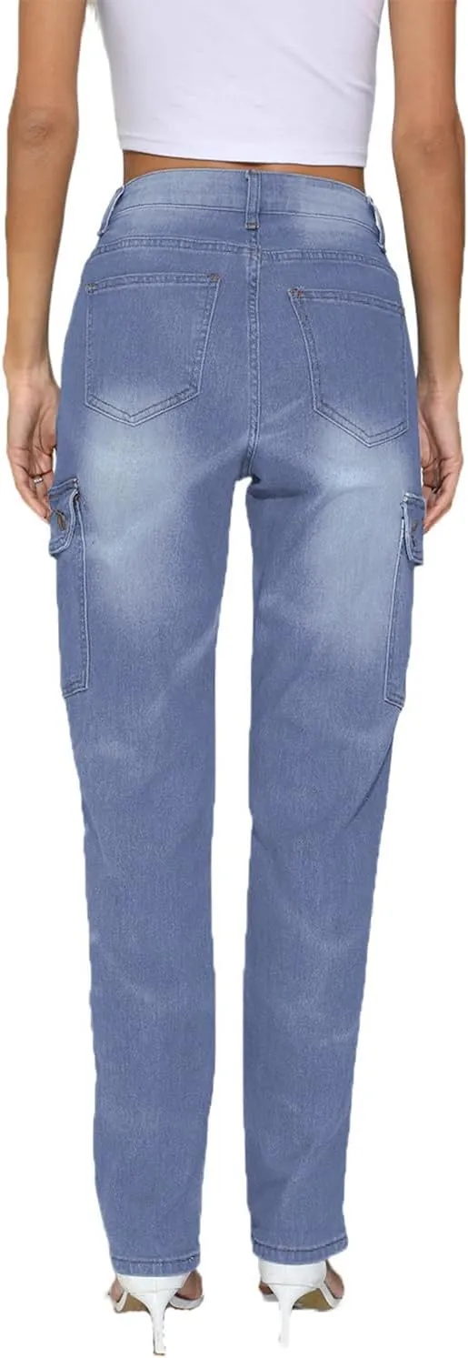 SheKiss Boyfriend Stretchy Jeans for Women - Distressed Frayed High Waisted Trendy Denim Blue Jeans