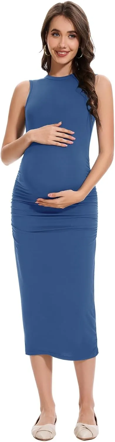 Smallshow Women's Maternity Midi Dress Crew Neck Sleeveless Pregnancy Clothes