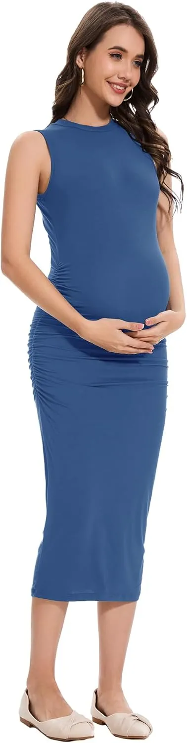 Smallshow Women's Maternity Midi Dress Crew Neck Sleeveless Pregnancy Clothes