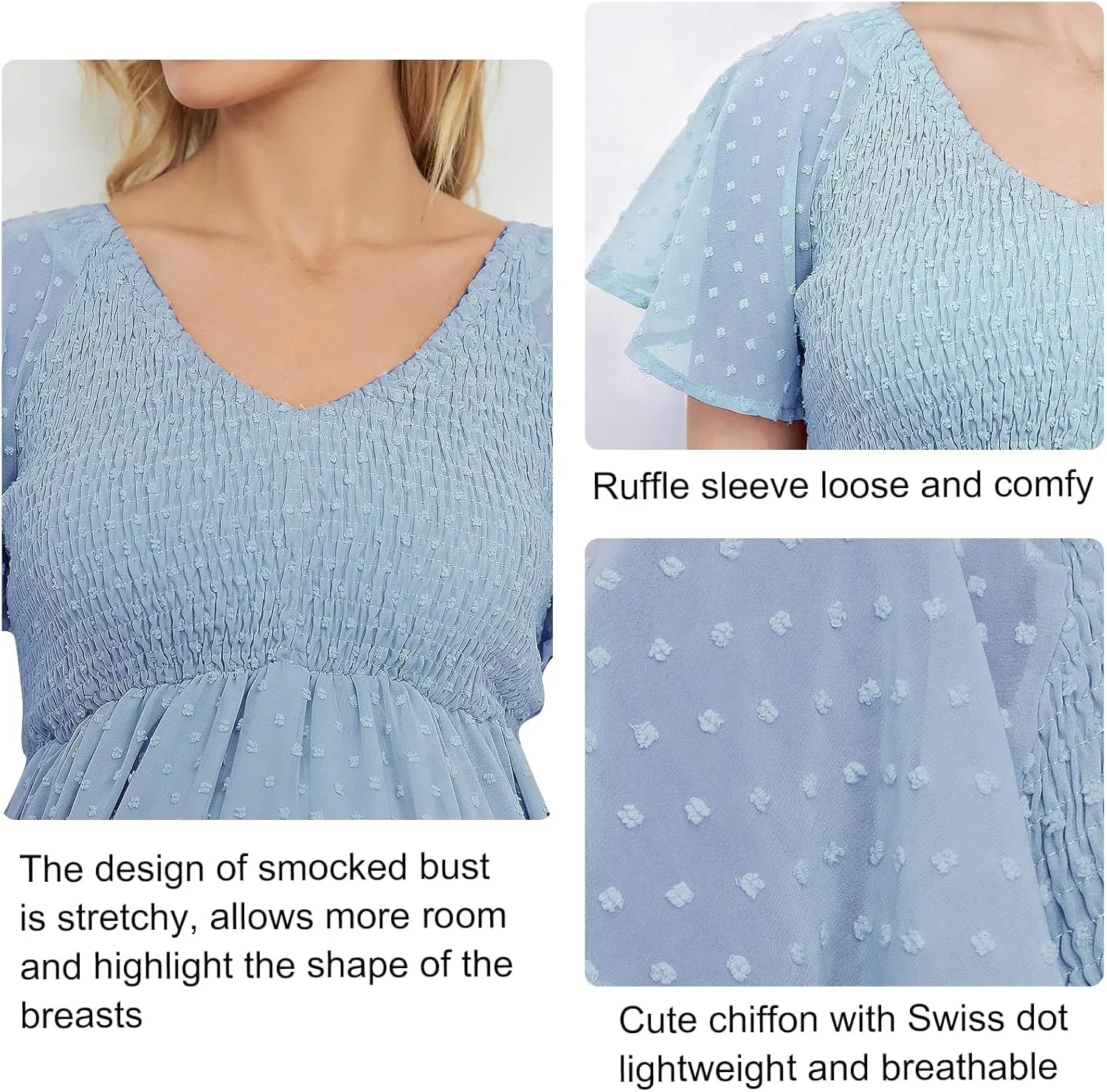 Swiss Dot Smocked Maternity Dress for Baby Shower Photoshoot Casual V Neck Ruffle Sleeve Empire Waist Tiered Boho Dress