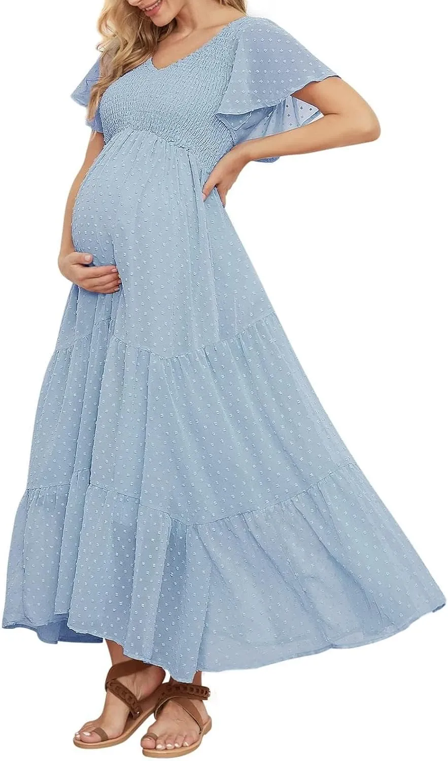 Swiss Dot Smocked Maternity Dress for Baby Shower Photoshoot Casual V Neck Ruffle Sleeve Empire Waist Tiered Boho Dress