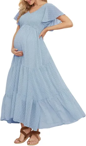 Swiss Dot Smocked Maternity Dress for Baby Shower Photoshoot Casual V Neck Ruffle Sleeve Empire Waist Tiered Boho Dress
