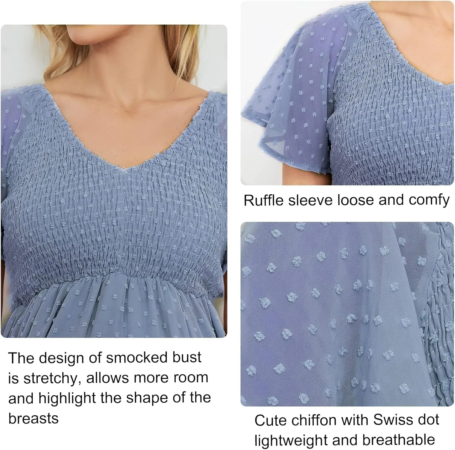 Swiss Dot Smocked Maternity Dress for Baby Shower Photoshoot Casual V Neck Ruffle Sleeve Empire Waist Tiered Boho Dress