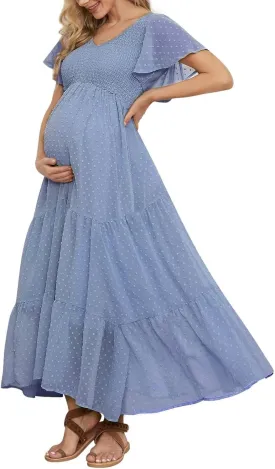 Swiss Dot Smocked Maternity Dress for Baby Shower Photoshoot Casual V Neck Ruffle Sleeve Empire Waist Tiered Boho Dress