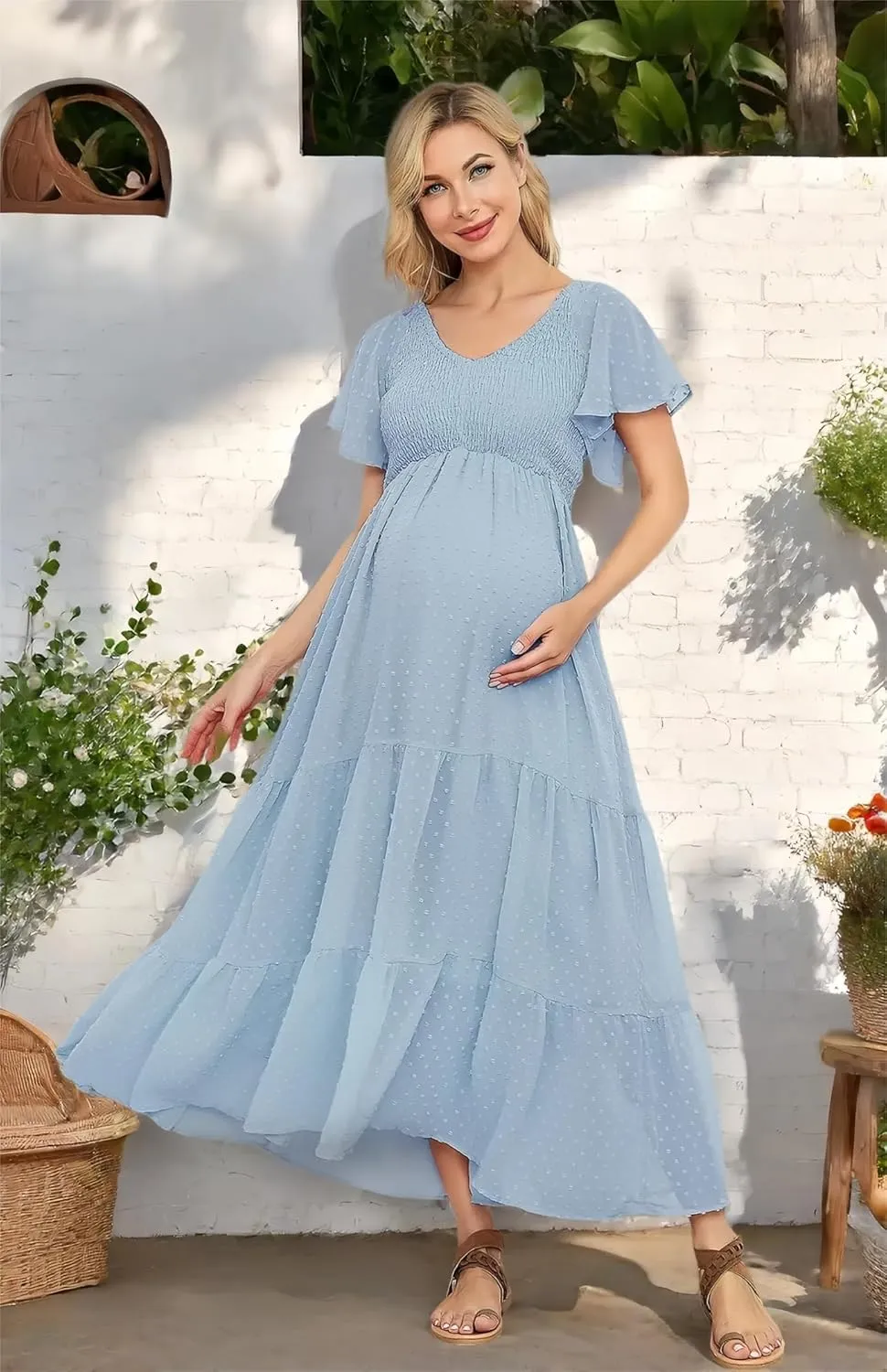 Swiss Dot Smocked Maternity Dress for Baby Shower Photoshoot Casual V Neck Ruffle Sleeve Empire Waist Tiered Boho Dress