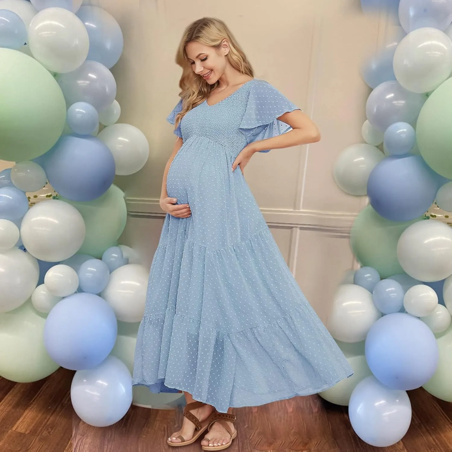Swiss Dot Smocked Maternity Dress for Baby Shower Photoshoot Casual V Neck Ruffle Sleeve Empire Waist Tiered Boho Dress