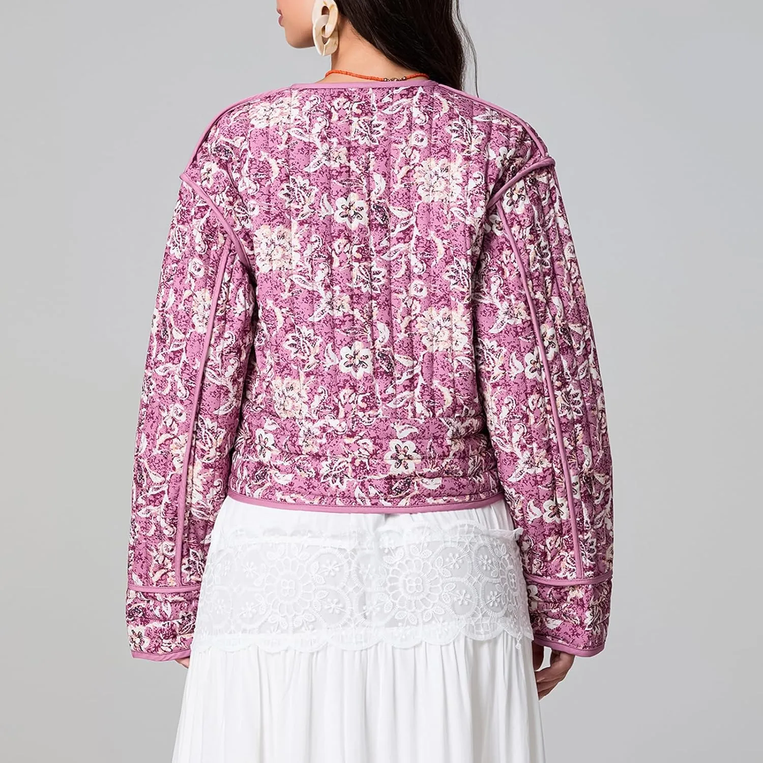 Women Floral Print Quilted Jackets Warm Long Sleeve Button Down Open Front Padded Jackets Lightweight Puffer Coat