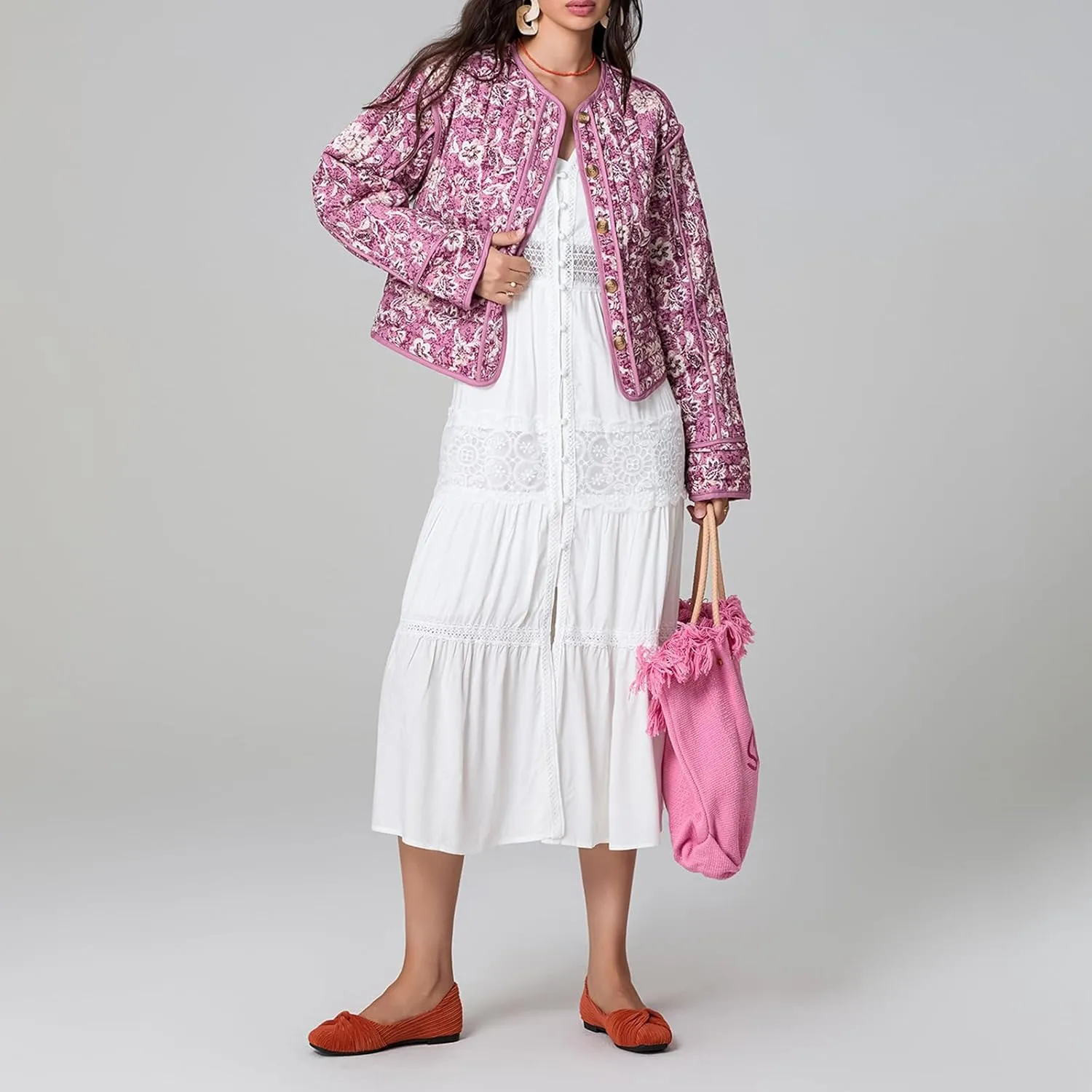 Women Floral Print Quilted Jackets Warm Long Sleeve Button Down Open Front Padded Jackets Lightweight Puffer Coat