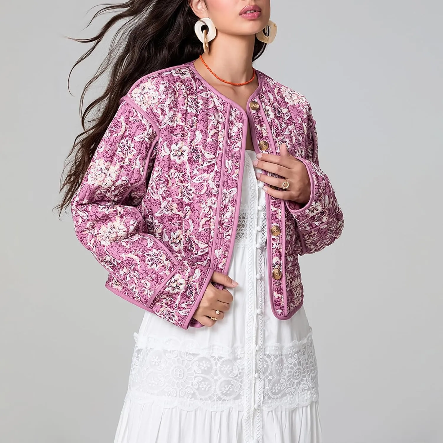 Women Floral Print Quilted Jackets Warm Long Sleeve Button Down Open Front Padded Jackets Lightweight Puffer Coat