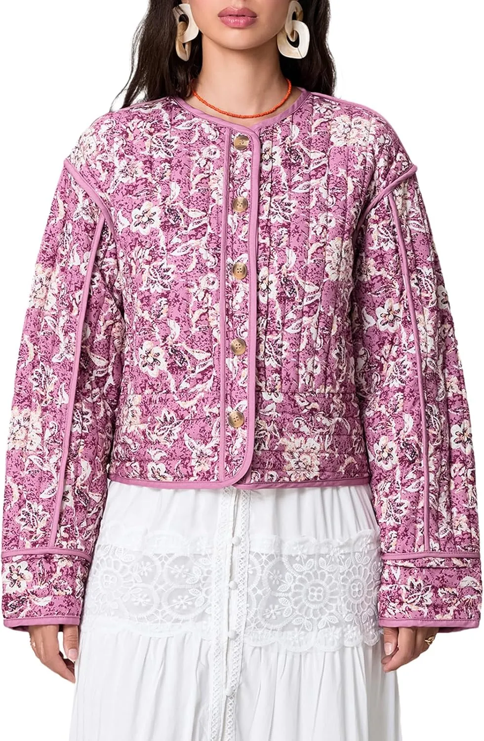 Women Floral Print Quilted Jackets Warm Long Sleeve Button Down Open Front Padded Jackets Lightweight Puffer Coat