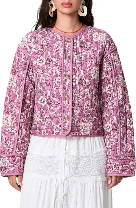 Women Floral Print Quilted Jackets Warm Long Sleeve Button Down Open Front Padded Jackets Lightweight Puffer Coat