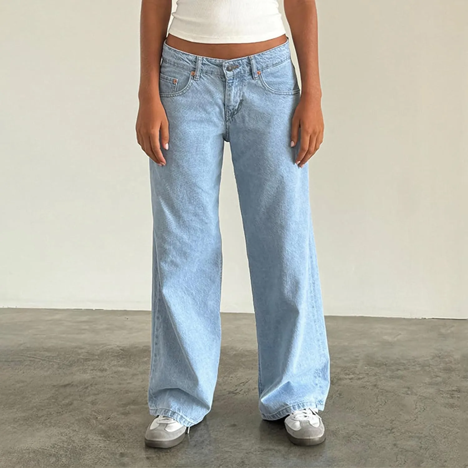 Women Jeans Low Rise Baggy Straight Wide Leg Jeans Vintage Casual Y2K Loose Boyfriend Denim Pants with Pockets