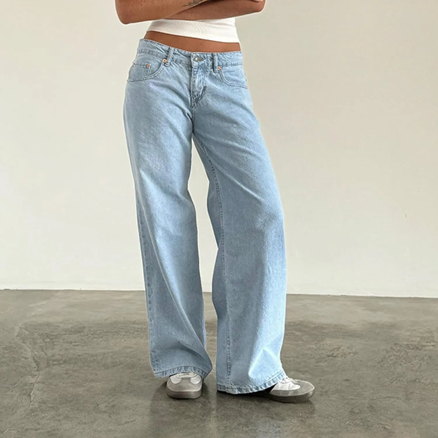 Women Jeans Low Rise Baggy Straight Wide Leg Jeans Vintage Casual Y2K Loose Boyfriend Denim Pants with Pockets