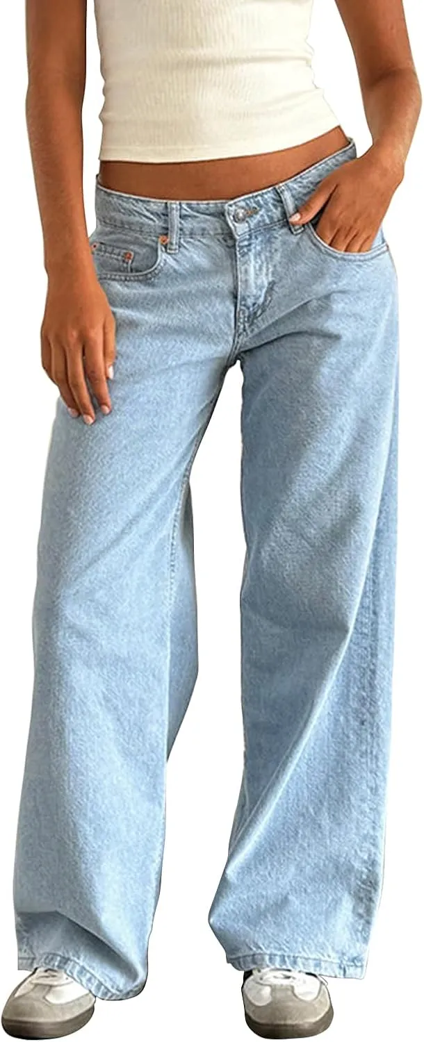 Women Jeans Low Rise Baggy Straight Wide Leg Jeans Vintage Casual Y2K Loose Boyfriend Denim Pants with Pockets