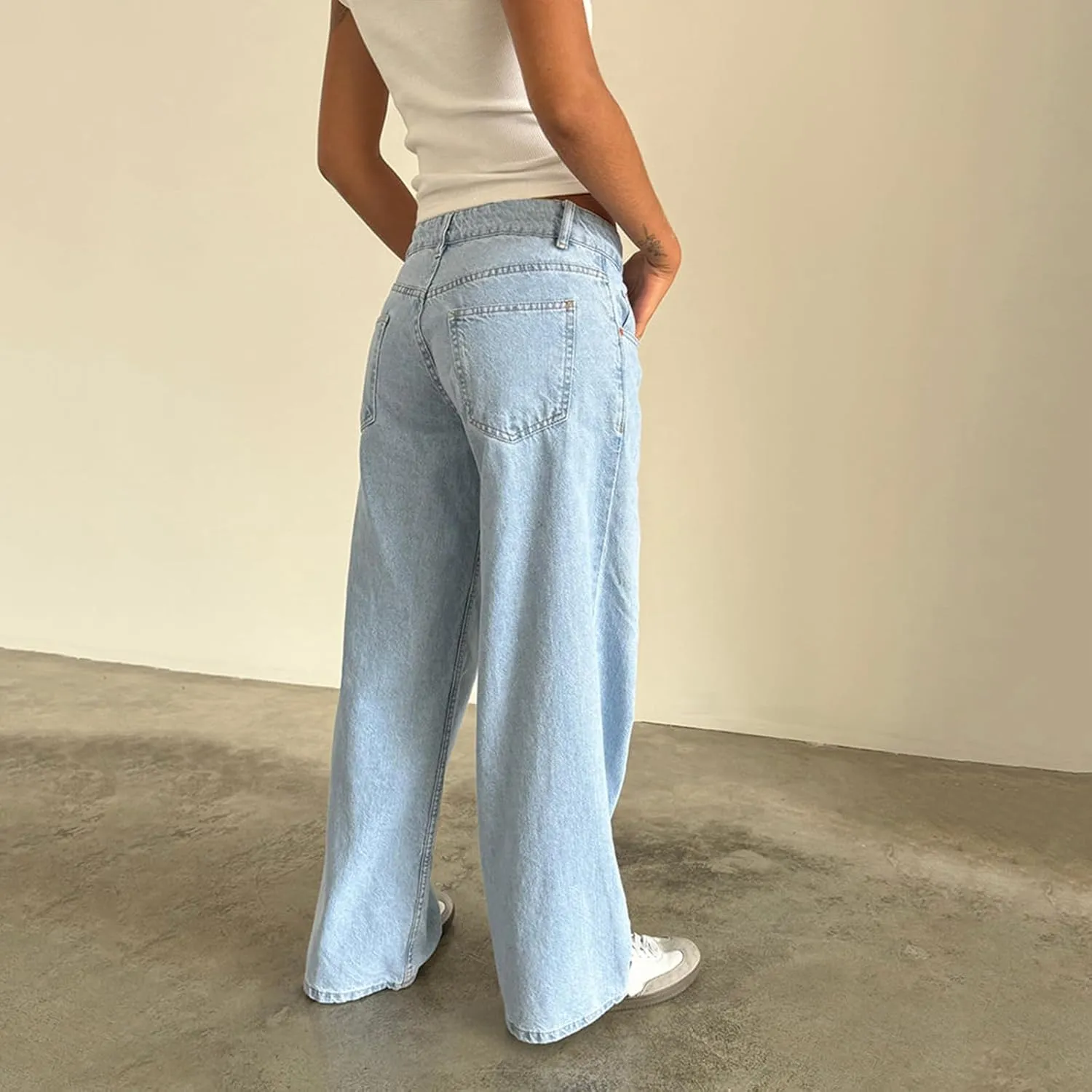 Women Jeans Low Rise Baggy Straight Wide Leg Jeans Vintage Casual Y2K Loose Boyfriend Denim Pants with Pockets