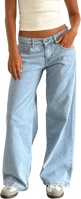 Women Jeans Low Rise Baggy Straight Wide Leg Jeans Vintage Casual Y2K Loose Boyfriend Denim Pants with Pockets