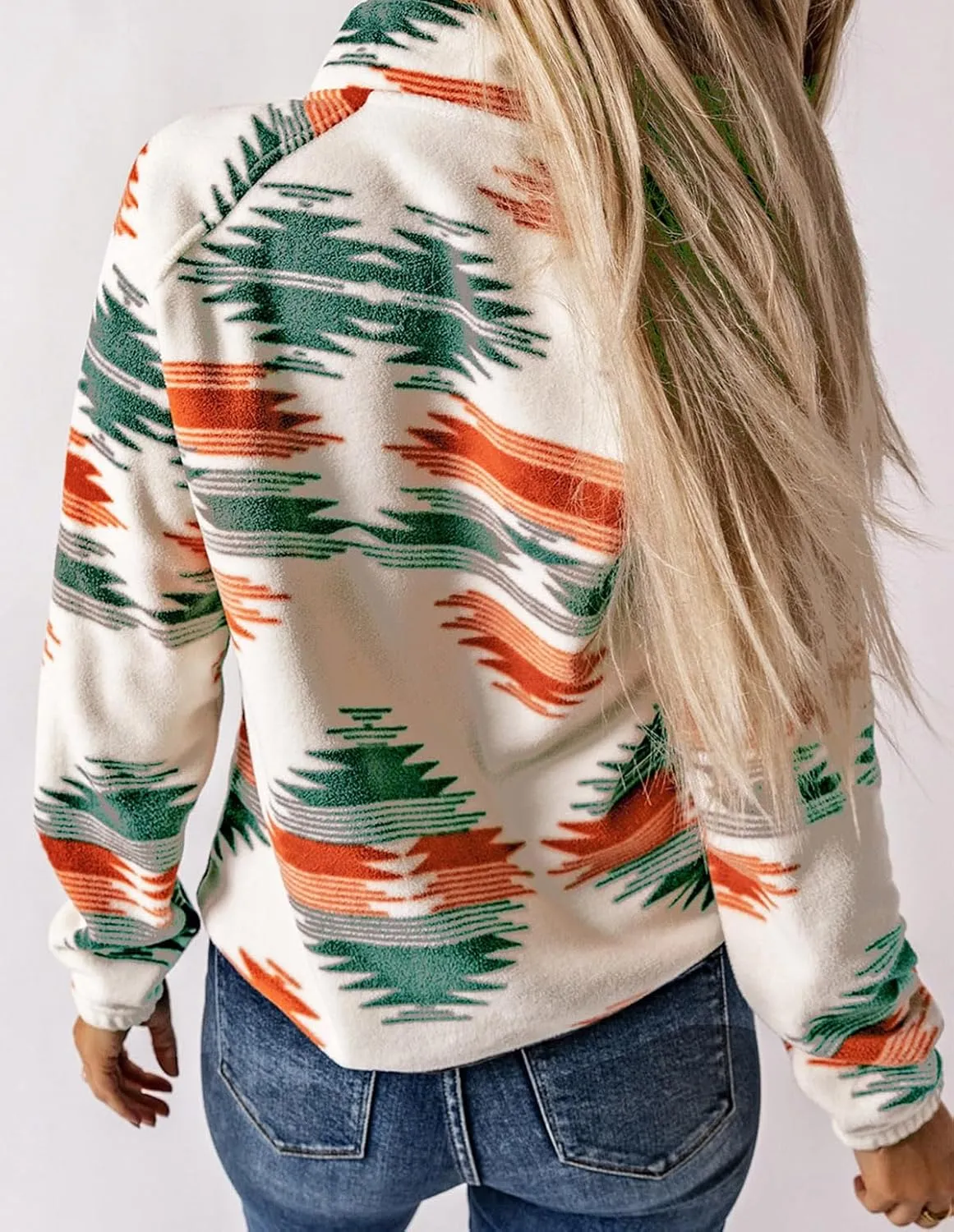 Womens Aztec Print Fleece Jacket Casual Long Sleeve Snap Button Vintage Shacket Coat with Pockets