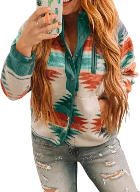 Womens Aztec Print Fleece Jacket Casual Long Sleeve Snap Button Vintage Shacket Coat with Pockets