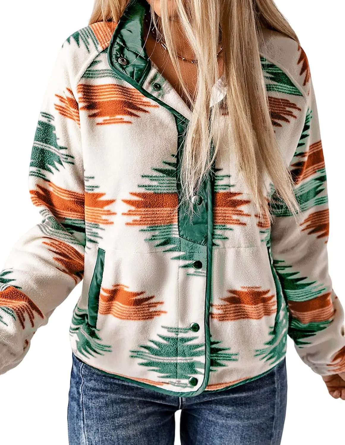 Womens Aztec Print Fleece Jacket Casual Long Sleeve Snap Button Vintage Shacket Coat with Pockets